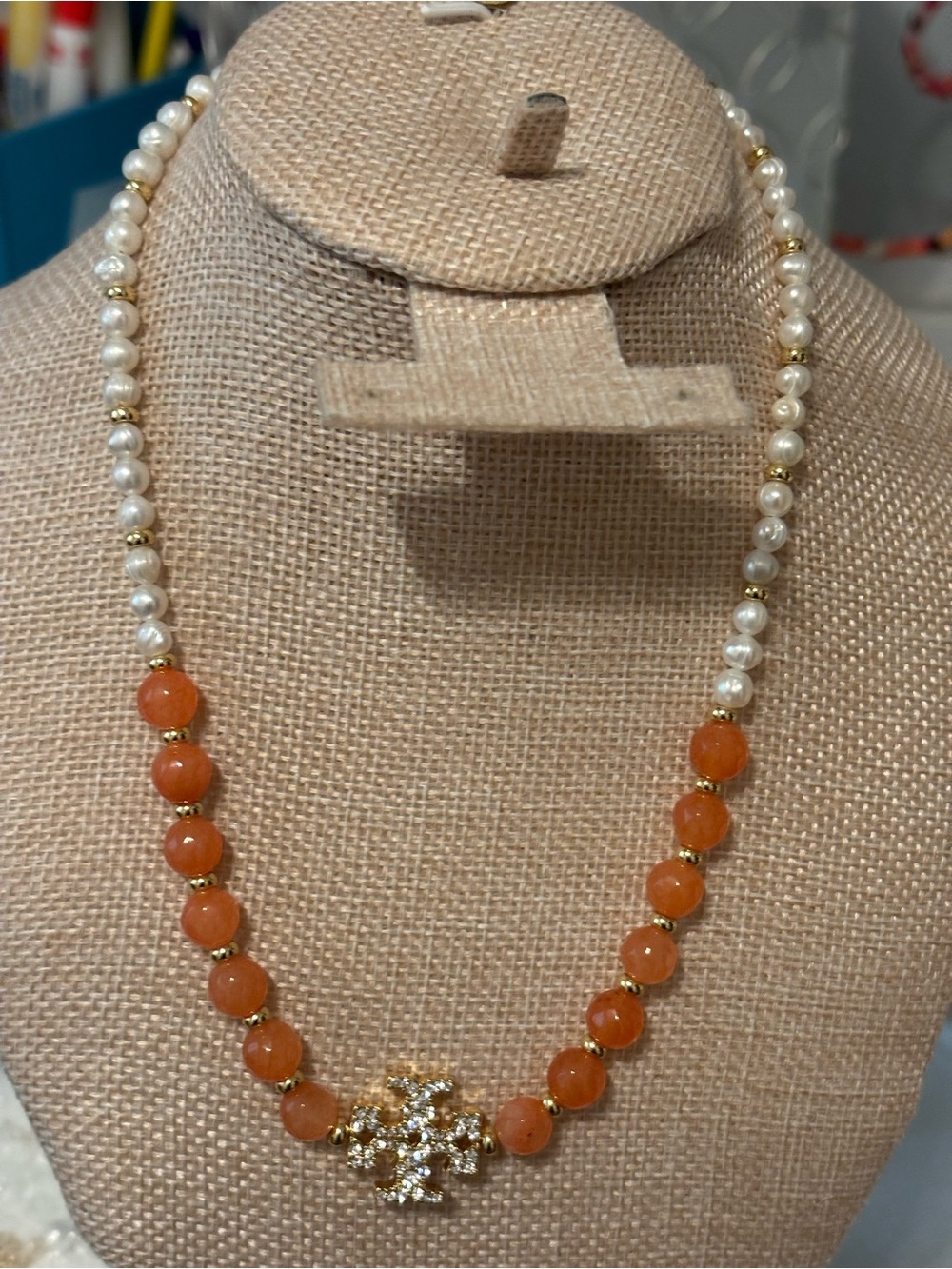 Pearl and Orange Bead Necklace with Gold Accent
